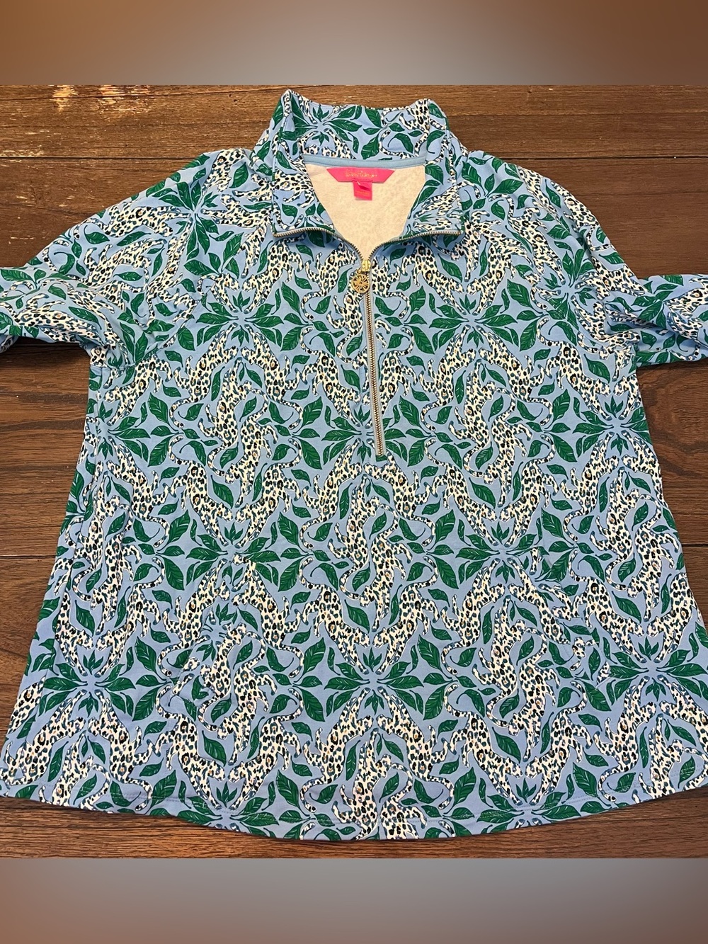 Lilly Pulitzer Blue & Green Leaf Print Quarter-Zip Pullover - Picture 3 of 5